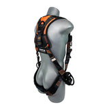 A mannequin wears the Frontline Fall Protection Combat Vest Harness with front side D-rings, adjustable straps, padding, and Suspension Trauma Straps for enhanced fall safety—covering shoulders, chest, waist, and thighs for industrial use.