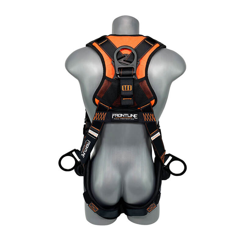 A gray mannequin displays the Frontline Combat Vest Harness w/Front Side D-Rings & Straps by Frontline Fall Protection, black and orange with multiple straps, buckles, and attachment points. The "Frontline" brand label is centered on the back.