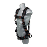 A silver mannequin torso displays the Frontline Fall Protection Frontline Combat Vest Harness with front side D-rings, padded shoulder straps, buckles, suspension trauma straps, and adjustable points at the chest, waist, and thighs.