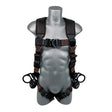 A gray mannequin showcases the Frontline Combat Vest Harness by Frontline Fall Protection, a black and orange moisture-wicking harness with adjustable straps, buckles, metal rings, and front-side D-rings across the chest, waist, and thighs.