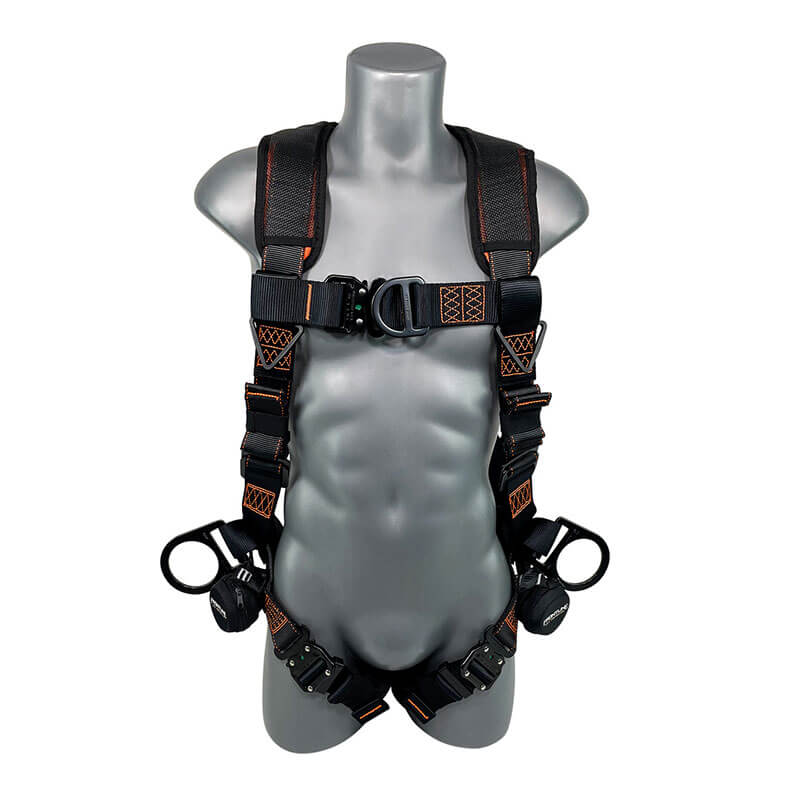 A gray mannequin showcases the Frontline Combat Vest Harness by Frontline Fall Protection, a black and orange moisture-wicking harness with adjustable straps, buckles, metal rings, and front-side D-rings across the chest, waist, and thighs.