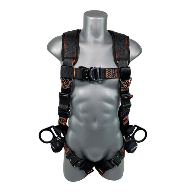 A gray mannequin showcases the Frontline Combat Vest Harness by Frontline Fall Protection, a black and orange moisture-wicking harness with adjustable straps, buckles, metal rings, and front-side D-rings across the chest, waist, and thighs.