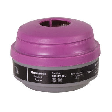 A Honeywell North N-Series Organic Vapor Cartridge with P100 filter, featuring a purple cartridge and gray base, labeled as part number 7581P100L. This NIOSH-approved North product is made in the USA, designed for use in respirators to provide reliable filtration performance.