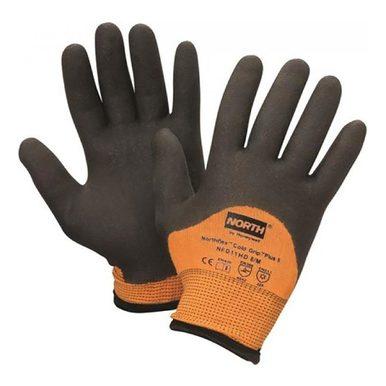 Introducing the NorthFlex Cold Grip Plus 5 NFD11HD by North, a pair of black and orange work gloves featuring a textured grip for superior handling. Designed to provide excellent thermal protection, these gloves prominently showcase the brand logo and text on the back. With their durable, cut-resistant construction, they are ideal for industrial or construction use.