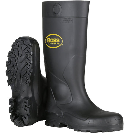 A pair of PIP Boss Footwear PVC Full Steel Toe & Midsole Boots 383-820 in black, featuring rugged soles for abrasion resistance, provides waterproof protection and displaying the "PIP - Protective Industrial Products" logo in yellow on the side. One boot is upright while the other is laid down to reveal its sole pattern.