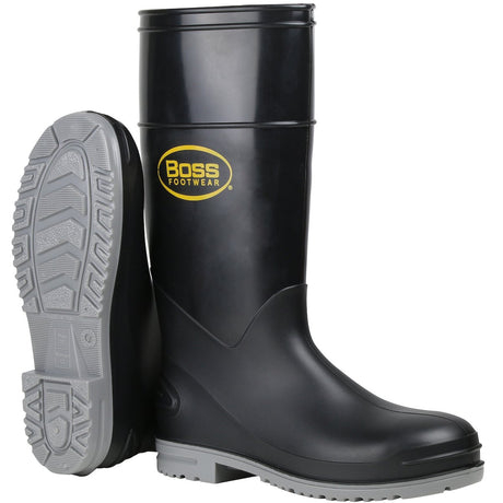 A pair of PIP Boss Footwear 16" Polyblend Steel Toe & Shank Boots, featuring the "PIP" brand in yellow, made from durable black material. One boot stands upright while the other tilts to reveal its gray sole, emphasizing slip resistance. These boots provide waterproof protection and feature a textured grip pattern for secure footing.