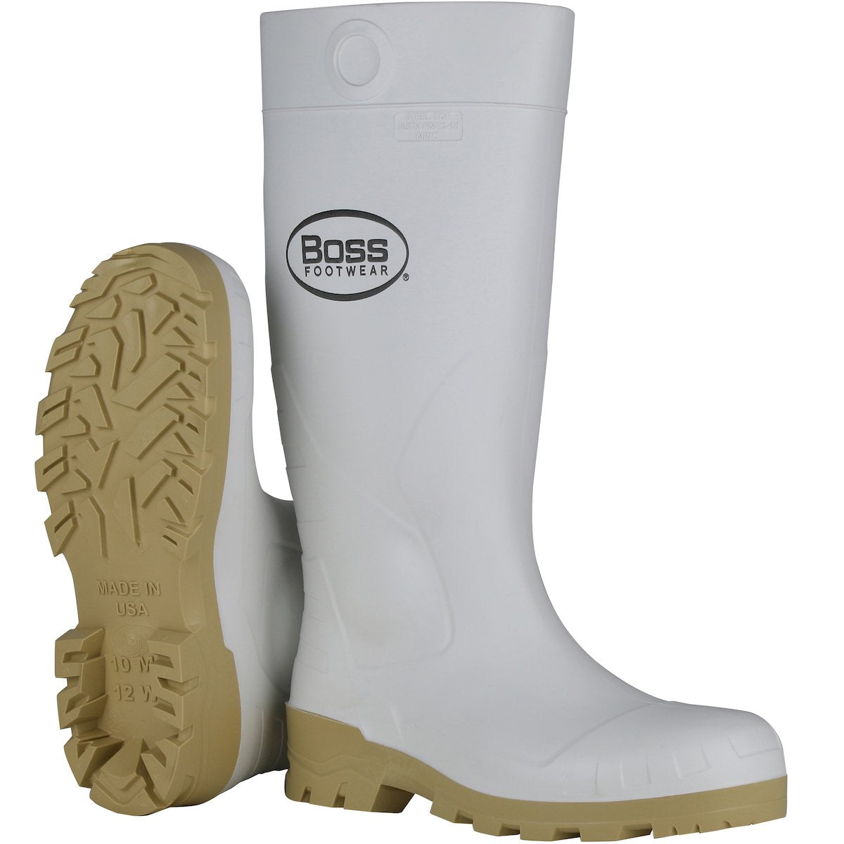 A pair of 16-inch white PVC plain toe boots from the PIP - Protective Industrial Products brand, with beige soles and showcasing the "Boss Footwear" logo. One boot stands upright while the other is slightly tilted to highlight the slip-resistant tread pattern on the sole.