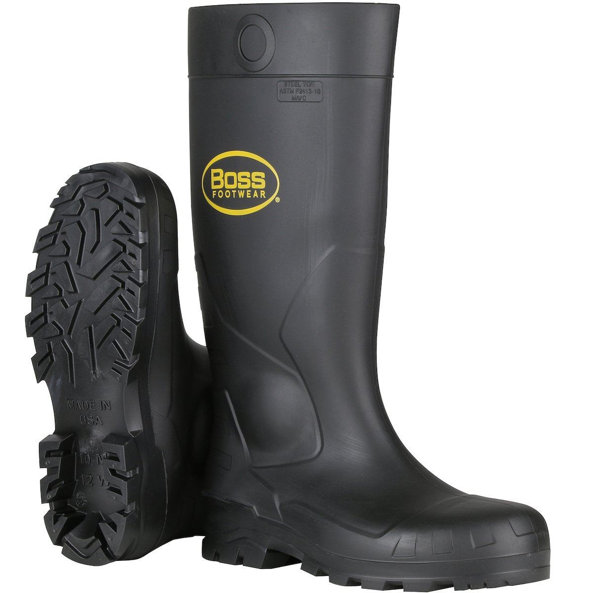 A pair of black PVC steel toe boots from PIP - Protective Industrial Products highlights their robust design. One boot stands upright, prominently showing off the brand logo, while the other is tilted to exhibit its heavily treaded sole and remarkable slip resistance.