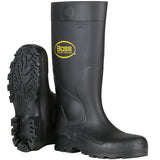 A pair of black PIP Boss Footwear 16" PVC Plain Toe Boots featuring rugged soles. One boot stands upright, showcasing the "PIP - Protective Industrial Products" logo in yellow, while the other is tilted to reveal its slip-resistant tread pattern. These waterproof footwear essentials are ideal for demanding environments.