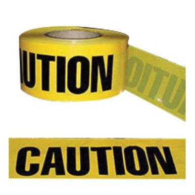 The Radnor Caution Barricade Tape 64055720, featuring bold black "CAUTION" lettering on a bright yellow background, improves hazard visibility. A section of this OSHA-compliant tape is unrolled and shown beneath the roll.