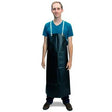 A person wearing a blue T-shirt and the Ansell 56-512 Black Hycar Apron poses confidently against a white background, showcasing the perfect blend of style and safety workwear from Ansell.