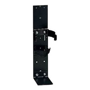 The Allegro Escape Breathing Apparatus (EBA) Bracket 4110-04 is a black metal bracket with adjustable straps, designed for securing cylindrical objects such as escape breathing apparatus or fire extinguishers. It features holes for screws and is displayed vertically against a white background.