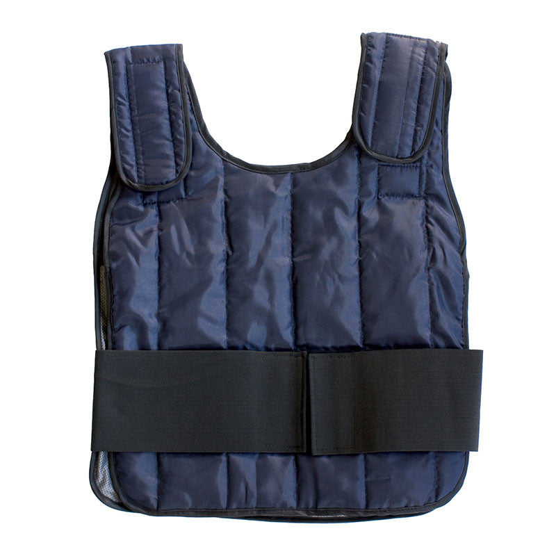 The PIP EZ-Cool Phase Change Cooling Vest System 390-PCVKT1 by Protective Industrial Products is a navy blue bulletproof vest featuring thick padded panels and wide shoulder straps that incorporate phase change cooling technology. Adjustable black Velcro waist straps ensure secure fastening, comfort, and effective temperature regulation. The vest is displayed against a white background.