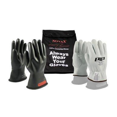 The PIP NOVAX Class 0 Electrical Safety Kit 150-SK-0, offered by Protective Industrial Products, features a display of protective gloves including grey and black rubber insulating gloves that comply with ASTM D120 standards. Additionally, the kit includes a black NOVAX bag labeled "Always Wear Your Gloves.