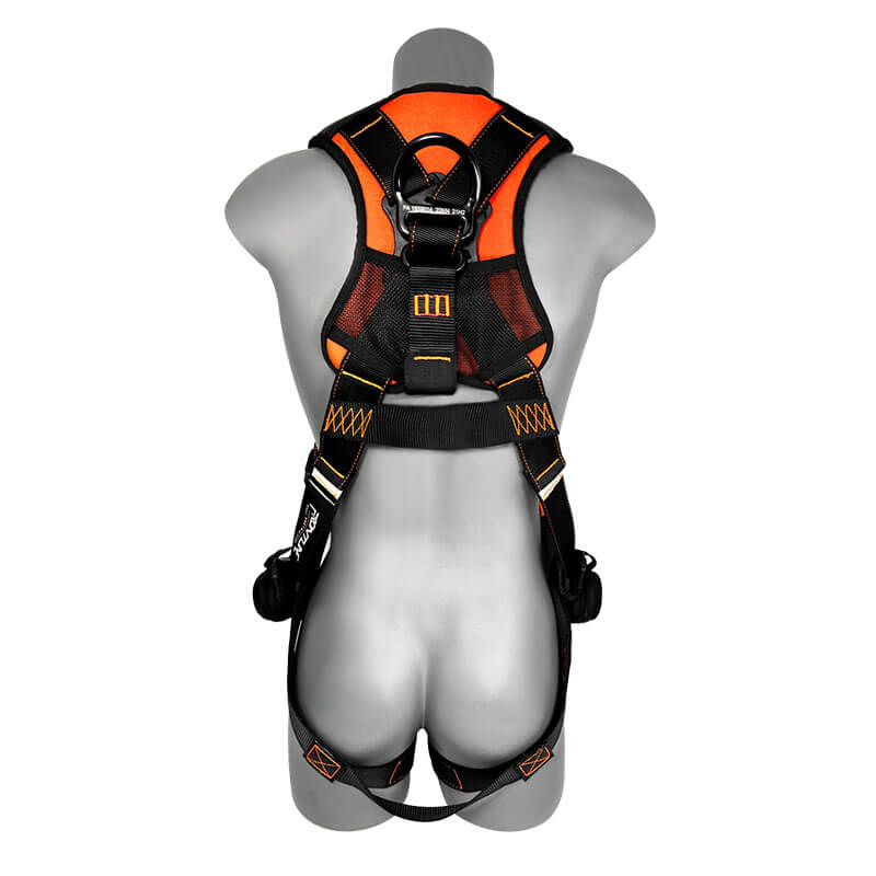 A mannequin displays the Frontline Fall Protection Combat Premium Roofers Kit with 50' VLL RK110V50, a black and orange safety harness with padded shoulder straps, metal rings, reinforced stitching, and adjustable thigh and waist buckles.