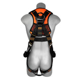 A mannequin displays the Frontline Fall Protection Combat Premium Roofers Kit with 50' VLL RK110V50, a black and orange safety harness with padded shoulder straps, metal rings, reinforced stitching, and adjustable thigh and waist buckles.