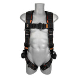 The Frontline Combat Premium Roofers Kit with 50' VLL RK110V50 by Frontline Fall Protection is shown on a gray, featureless mannequin torso. The black harness with orange stitching features adjustable straps for shoulders, waist, and thighs.