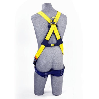 A mannequin displays a 3M DBI-SALA Fall Protection Delta Front & Back D-Ring Crossover Pass-Thru Harness 1102010, which has yellow and blue straps. The harness includes a back D-ring for secure attachment. Viewed from behind, the mannequin highlights the complete Cross-Over Style Harness design.