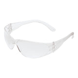 MCR Safety Checklite Scratch Resistant Safety Glasses, model CL11_ (12/box), feature transparent, scratch-resistant lenses and arms. "CHECkLITE" is printed on the side, providing stylish yet reliable UV protection.