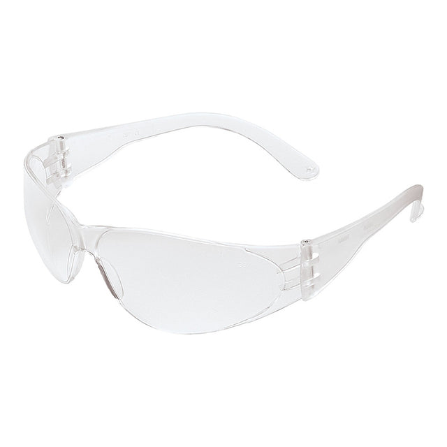 MCR Safety Checklite Scratch Resistant Safety Glasses, model CL11_ (12/box), feature transparent, scratch-resistant lenses and arms. "CHECkLITE" is printed on the side, providing stylish yet reliable UV protection.