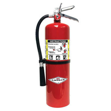 An Amerex 10 lb ABC Fire Extinguisher B456, colored red, includes a hose and nozzle, and an instruction label is displayed on the front. The brand name "Amerex" is visible on the lower part of this multi-purpose extinguisher.