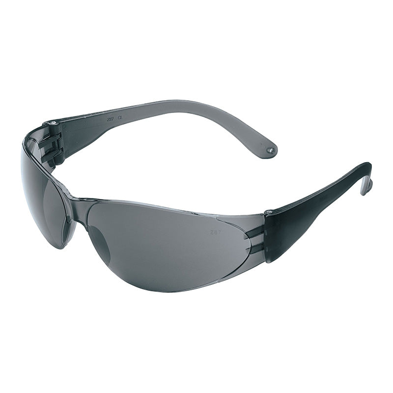 A pair of stylish black MCR Checklite safety glasses with wraparound frames offering UV protection and tinted, scratch-resistant lenses. The frame is marked with "Checklite" on the side. Their design boasts curved arms and a contemporary appearance, perfectly integrating protection with style.