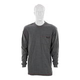 A white mannequin models the MCR Safety FR Lightweight Long Sleeve T-Shirt Gray LST1G, featuring a chest pocket, red stitching, and a logo tag. This MCR Safety shirt is flame resistant and meets NFPA 2112 standards.