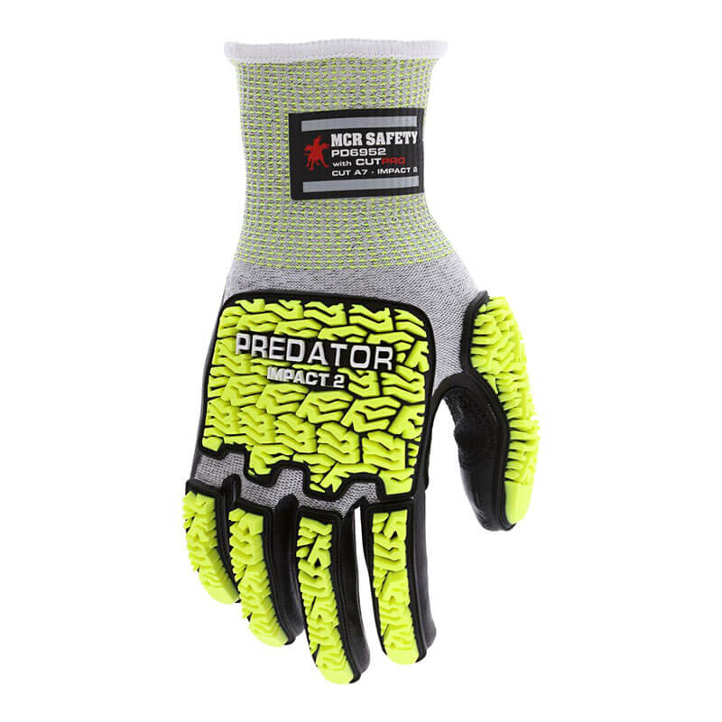 The MCR Safety Predator Hi-Vis Mechanics Glove w/HyperMax PD6952 features gray cut-resistant fabric, a black label, and bright yellow and black hi-visibility impact protection on the back of the hand and fingers. Comes in 12 pairs.