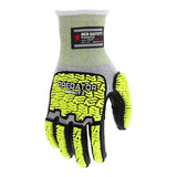 The MCR Safety Predator Hi-Vis Mechanics Glove w/HyperMax PD6952 features gray cut-resistant fabric, a black label, and bright yellow and black hi-visibility impact protection on the back of the hand and fingers. Comes in 12 pairs.