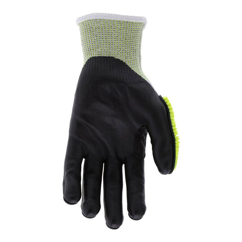 The MCR Safety Predator Hi-Vis Mechanics Glove (PD6952) features a black design, textured rubberized palm and fingers, grey/green mesh back, and a light green protective pad along the outer hand edge. Sold in 12-pair packs.