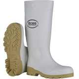 The PIP Boss Footwear 16" White PVC Plain Toe Boot, model 380-900 by Protective Industrial Products, features knee-high waterproof protection with tan soles. One boot displays the "Boss Footwear" logo prominently on its shaft while standing upright, and the other is angled to showcase its slip-resistant tread pattern.