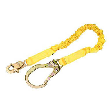 The 3M DBI-SALA ShockWave2 Shock Absorbing Lanyard 1244321, by 3M DBI-SALA Fall Protection, is a yellow lanyard equipped with two metal hooks on each end. It includes elasticated sections for enhanced flexibility and shock absorption, making it expertly designed for use in fall protection systems.