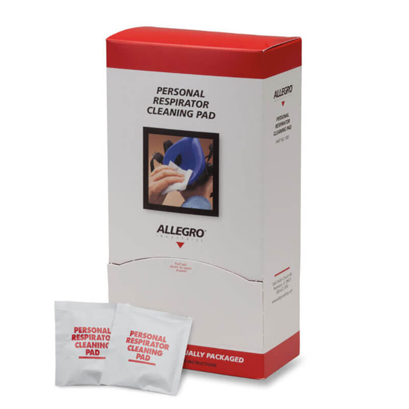 Box of Allegro Respirator Cleaning Wipes with Isopropanol 1001. The packaging, in red and white, shows an image of a person using the product. In front of the box are two individually wrapped cleaning wipes to keep your respirator clean and ready for action.