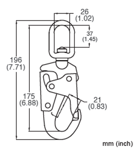 The technical drawing features the French Creek Steel Swivel Locking Snaphook 49 by French Creek Production, with dimensions labeled in millimeters and inches. The snaphook measures 196 mm (7.71 inches) in height, 175 mm (6.88 inches) in length, 26 mm (1.02 inches) in width, and has a hook opening of 21 mm (0.83 inches), making it ideal for fall protection use.
