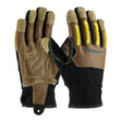 A pair of PIP Maximum Safety Kevlar Lined Journeyman Gloves 120-4100 features brown leather, black fabric, and yellow rubber padding on the fingers. Designed by Protective Industrial Products for protection and durability, these gloves offer exceptional abrasion resistance.