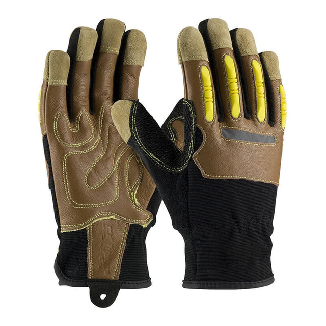 A pair of PIP Maximum Safety Kevlar Lined Journeyman Gloves 120-4100 features brown leather, black fabric, and yellow rubber padding on the fingers. Designed by Protective Industrial Products for protection and durability, these gloves offer exceptional abrasion resistance.