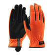 The PIP Boss Synthetic Leather Palm Hi-Vis Glove 120-4600 (12 pairs) features orange backs, black palms and fingertips, a reflective strip near the cuff for safety, and a small wrist label. One glove is shown palm up, the other palm down.