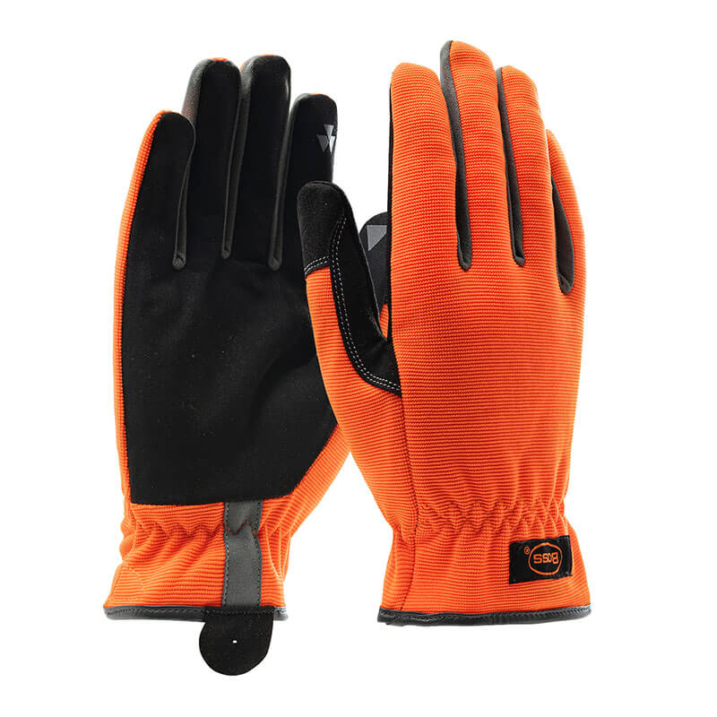 The PIP Boss Synthetic Leather Palm Hi-Vis Glove 120-4600 (12 pairs) features orange backs, black palms and fingertips, a reflective strip near the cuff for safety, and a small wrist label. One glove is shown palm up, the other palm down.