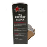 A black box labeled "MCR Safety" with a red lion logo and "WE PROTECT PEOPLE" text contains 100 individually packaged Lens Cleaning Towelettes LCT; usage instructions are printed below the main text.