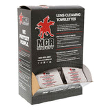 MCR Safety Lens Cleaning Towelettes LCT (25 boxes) are individually packaged wipes for cleaning plastic, polycarbonate, and glass lenses. The black box features red and white text plus a red lion logo.