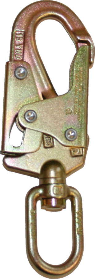 Introducing the French Creek Production Steel Swivel Locking Snaphook 49, a robust metallic carabiner in an elegant gold color. This device is equipped with a durable steel swivel locking snaphook at its base and features several visible screws, making it perfect for use in fall protection systems or climbing gear.