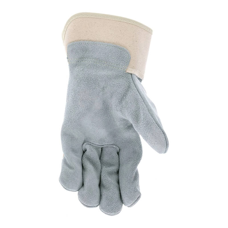 A single MCR Safety Memphis Big Jake Premium Leather Palm Work Glove 1700 is shown palm up against a white background, featuring thick gray leather and a beige cuff.