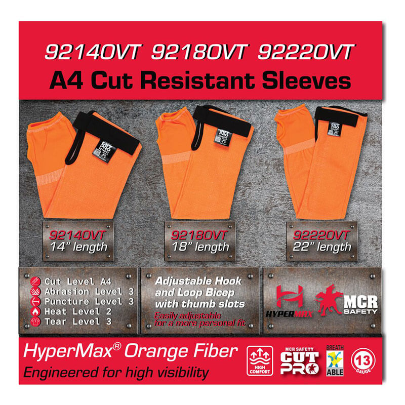 Three orange MCR 13g Hi-Vis HyperMax Cut Pro sleeves (14", 18", 22") with black loops and labels are shown. A chart displays their cut-resistant ratings. MCR Safety and HyperMax logos are also visible.