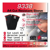 Image features the MCR Cut Pro 13 Gauge Steelcore 18" Sleeve by MCR Safety in black with red trim. The sleeve offers ANSI A4 cut resistance, abrasion level 2, tear level 3, heat level 2, and comes in packs of 10.