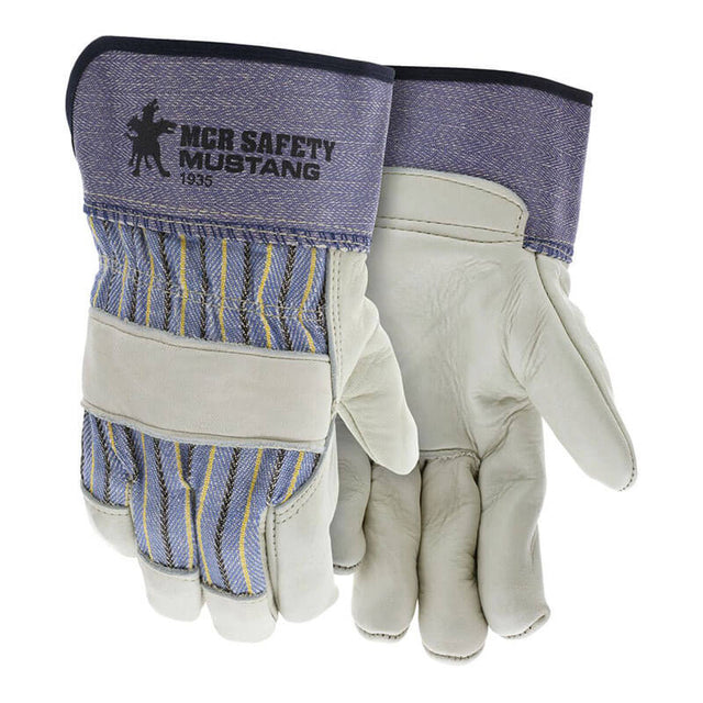 MCR Safety Mustang Grain Leather Palm Gloves 1935 (12 pairs) feature abrasion-resistant leather palms and fingers, blue and gray striped fabric backs, reinforced cuffs, and "MCR SAFETY MUSTANG 1935" printed on the cuff.