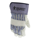 MCR Safety Mustang Grain Leather Palm Gloves 1935 (12 pairs) feature abrasion-resistant gray leather palms, blue striped fabric backs, and "MCR SAFETY MUSTANG 1935" with horse logo on the cuff—ideal durable work gloves.