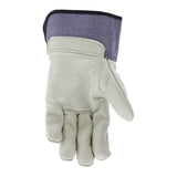 The MCR Safety Mustang Grain Leather Palm Gloves 1935 (12 pairs) feature premium cowhide leather and a blue fabric cuff, shown palm up with curled fingers, isolated on a white background.