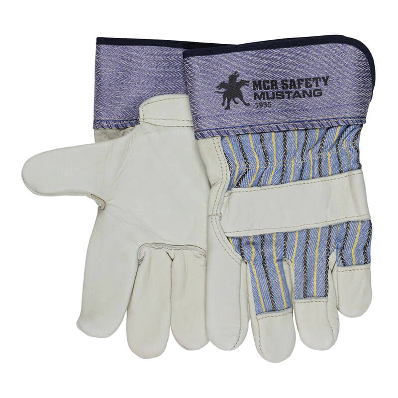 MCR Safety Mustang Grain Leather Palm Gloves 1935 feature abrasion-resistant white leather palms and fingers, blue striped fabric backs, reinforced cuffs, and the "MCR SAFETY MUSTANG 1935" logo with a horse rider. Sold in packs of 12 pairs.
