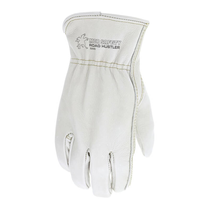 A new and unworn MCR Memphis Grain Leather Drivers Road Hustler Glove 3200 is shown, crafted from white grain leather with reinforced stitching and bearing the "Road Hustler" label. This driver's glove features a keystone thumb design, displayed with the palm facing away and fingers slightly curved. The brand is MCR Safety.