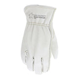 A new and unworn MCR Memphis Grain Leather Drivers Road Hustler Glove 3200 is shown, crafted from white grain leather with reinforced stitching and bearing the "Road Hustler" label. This driver's glove features a keystone thumb design, displayed with the palm facing away and fingers slightly curved. The brand is MCR Safety.
